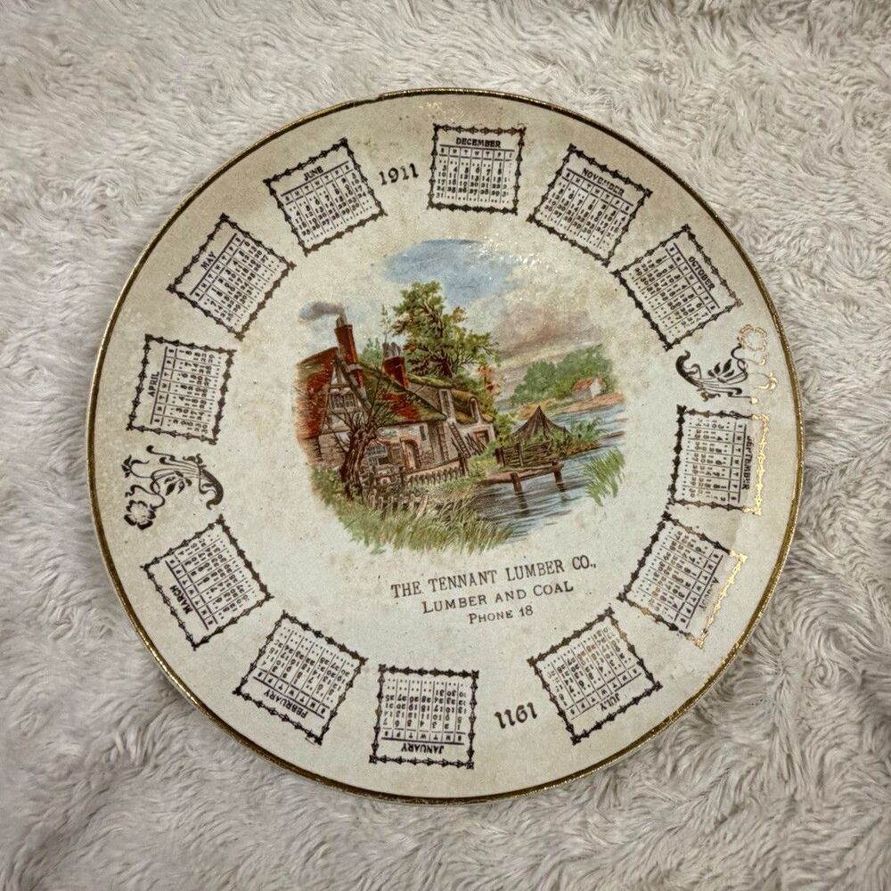 Antique The Tennant Lumber Co. 1911 Advertising Calendar Plate, White Multicolor